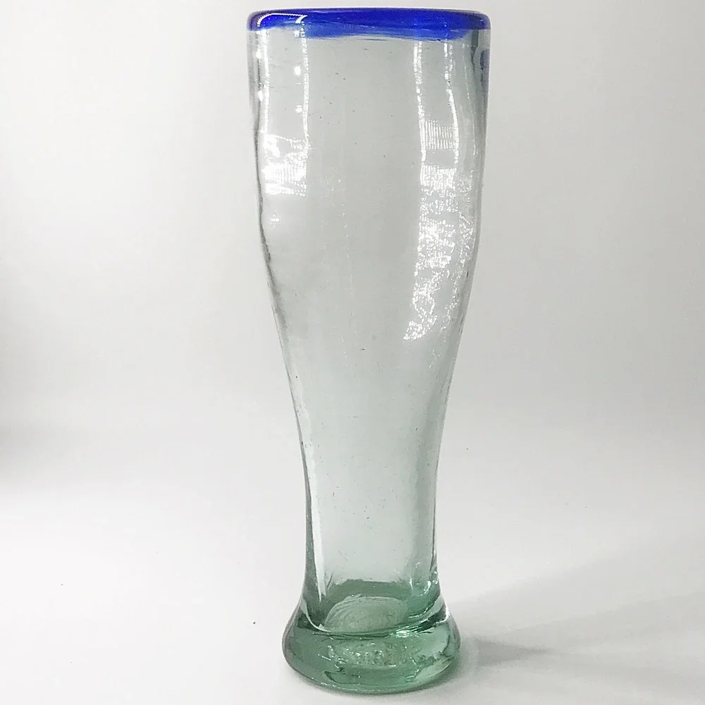 Hand Blown‎ Pilsner Glass with Blue Rim Tall Artisan Beer Glass